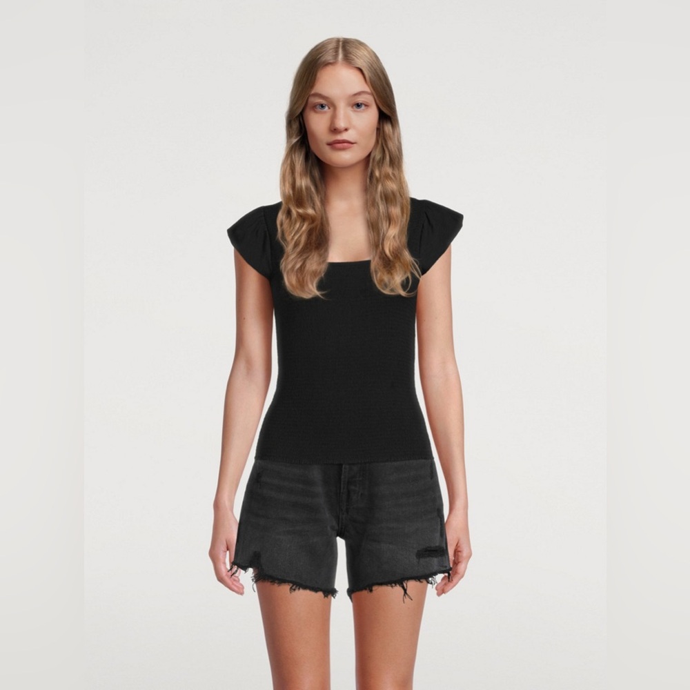 NATION LTD Alicia Black Smocked Ruffle Short Sleeve Square Neck Top Size S